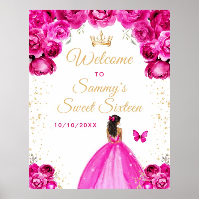 Poster Bem-vinda Princesa de Pele Morena Rosa Quente Aniv (Frente)