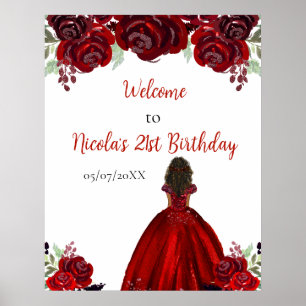 Poster Bem-vinda Princesa de Pele Morena Vermelho de Aniv