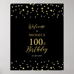 Poster Bem-vindo à festa de 100 anos com confetes dourado