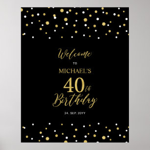 Poster Bem-vindo à festa de 40 anos com Confetes Dourados