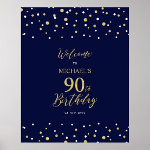 Poster Bem-vindo à festa de 90 anos em confetes dourados 