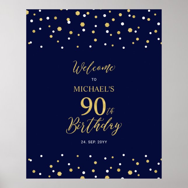 Poster Bem-vindo à festa de 90 anos em confetes dourados  (Frente)