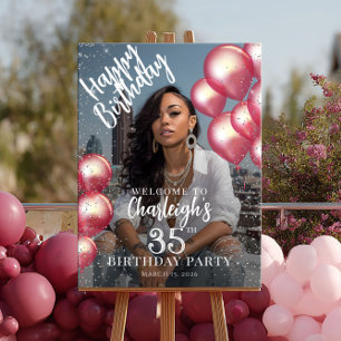 Poster Bem-vindo à festa de aniversário com balões e glit