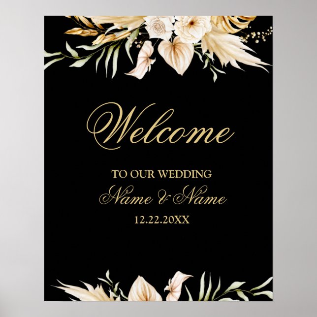 Poster Bem-vindo à festa de casamento Rosa Floral Dourado (Frente)