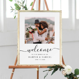 Poster Bem-vindo à foto de casamento com caligrafia preta
