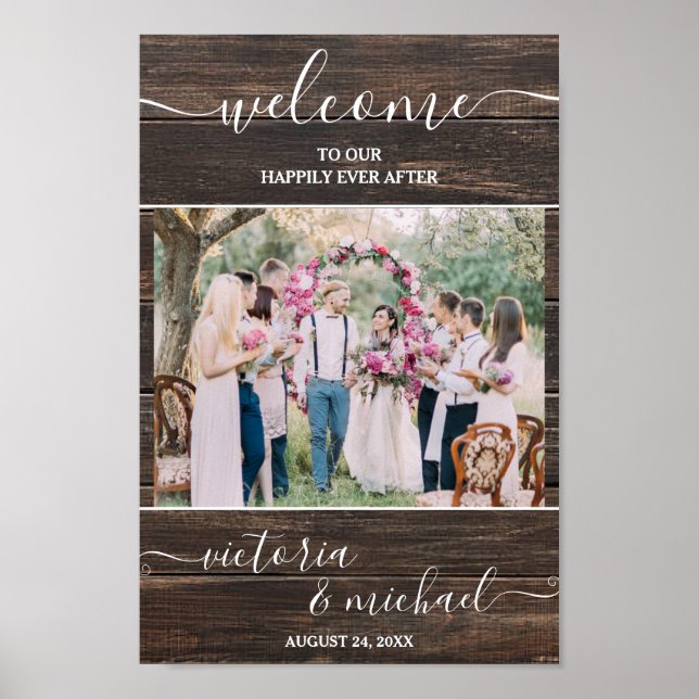 Poster Bem-vindo à foto de casamento moderna em madeira r (Frente)