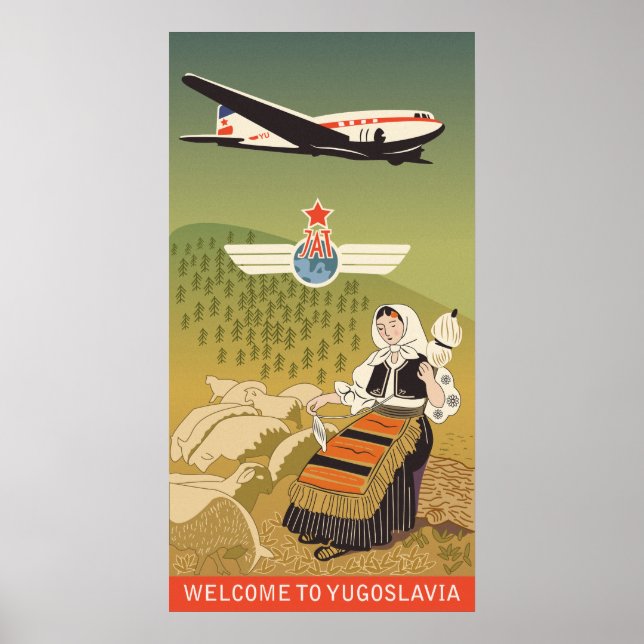 Poster Bem-vindo à Jugoslávia, vintage companhia aérea po (Frente)