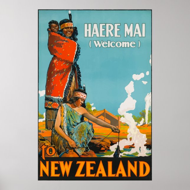 Poster Bem-vindo à Nova Zeland Viagens vintage (Frente)