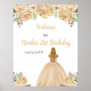 Poster Bem-vindo Aniversário Princesa Cabelo Loiro Floral
