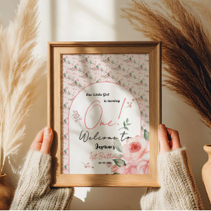 Poster Bem-vindo ao 1º Aniversário da Menina Rosa Aquarel