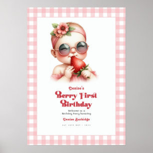 Poster Bem-vindo ao 1º Aniversário Morango Gingham Rosa