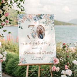 Póster Bem-vindo ao 30º Aniversário com Foto Floral Azul