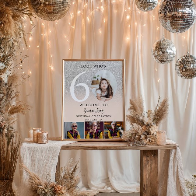 Poster Bem-vindo ao 60º aniversário prateado chic glitter (Silver chic glitter 60th Birthday 4 Photo Welcome Poster)