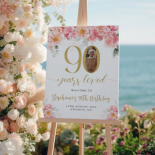 Póster Bem-vindo ao 90º Aniversário Floral Rosa e Dourado