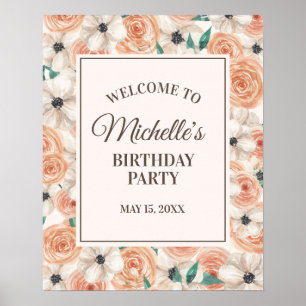 Poster Bem-vindo ao Aniversário Floral Rosa Branca Pêsseg