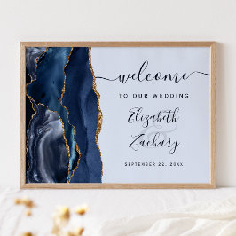 Poster Bem-vindo ao Casamento Agate Navy Azul Pálido Dour