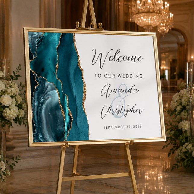 Poster Bem-vindo ao Casamento Agate Teal Gold Script (Criador carregado)