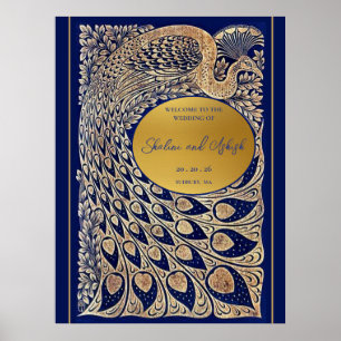 Poster Bem-vindo ao Casamento Blue Gold Peacock Art Nouve