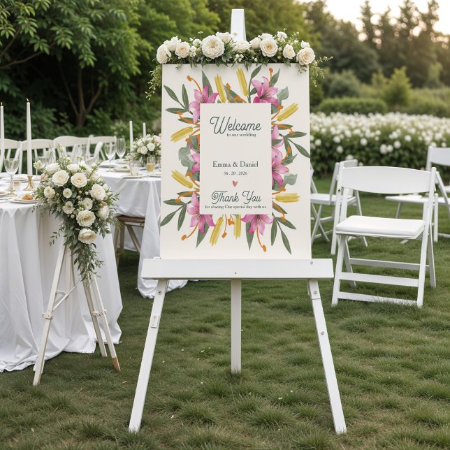 Poster Bem-vindo ao Casamento Botânico com Lírio Rosa Des (Blush Pink Lily Botanical Wedding Welcome Sign | Romantic Watercolor Floral Garden Wedding Poster)