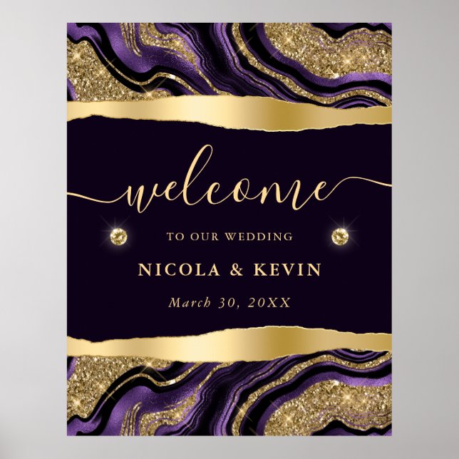 Poster Bem-vindo ao Casamento com Folha de Purple e Brilh (Frente)