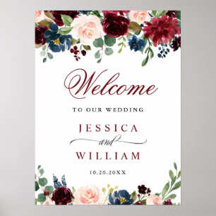 Poster Bem-vindo ao Casamento Floral Bege Azul Burgundy