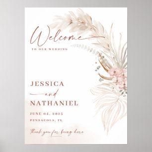 Poster Bem-vindo ao Casamento Floral Boho de Grama das Pa