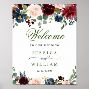 Poster Bem-vindo ao Casamento Floral Burgundy Navy Blush