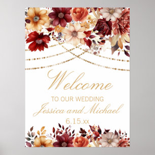 Poster Bem-vindo ao casamento floral creme laranja queima