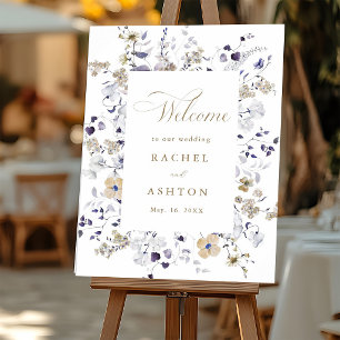 Poster Bem-vindo ao Casamento Floral Roxo Branco Dourado