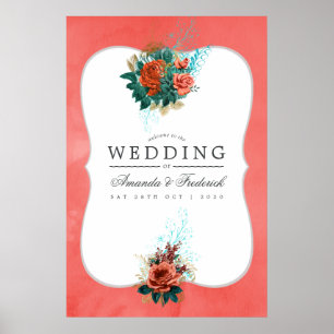 Poster Bem-vindo ao Casamento Floral Turquesa e Coral
