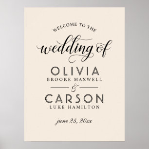 Poster Bem-vindo ao Casamento Moderno em Creme e Preto em