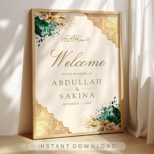 Poster Bem-vindo ao Casamento Muçulmano Floral Esmeralda