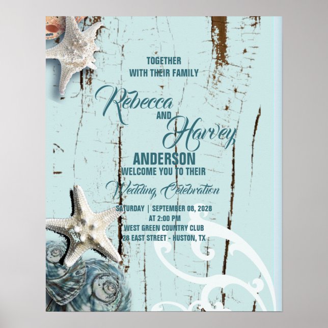 Poster bem-vindo ao casamento na praia de conchas aqua bl (Frente)