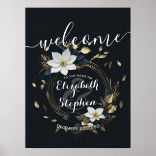 Poster Bem-vindo ao Casamento Preto Branco Dourado Floral
