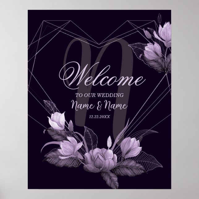 Poster Bem-vindo ao Casamento Roxo Floral Violeta Quadro (Frente)