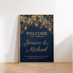 Poster Bem-vindo ao Casamento Rústico Glam Azul Marinho e