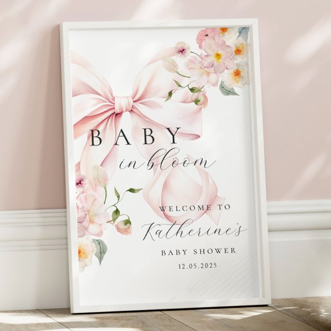 Poster Bem-vindo ao Chá de Bebê Bebê em Flor com Laço Ros (Criador carregado)