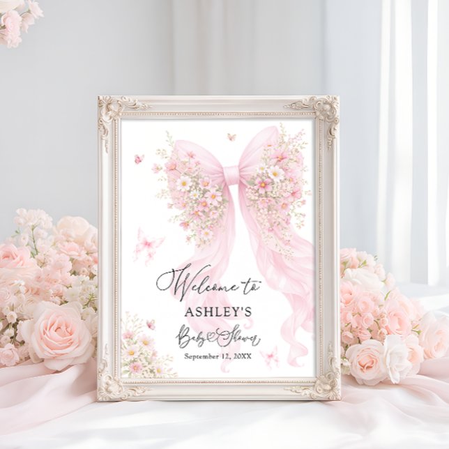 Poster Bem-vindo ao Chá de Bebê Borboleta com Laço Rosa (Criador carregado)