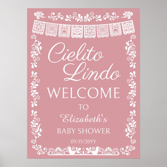 Poster Bem-vindo ao Chá de Bebê Cielito Lindo Rosa Bege (Frente)