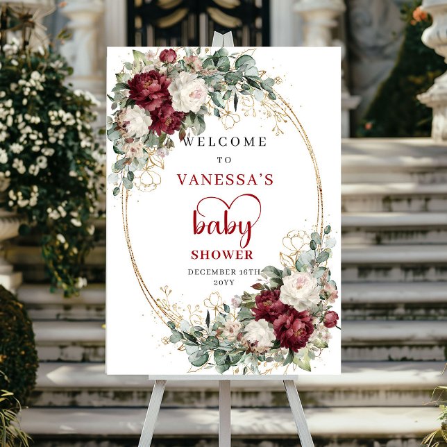Poster Bem-vindo ao Chá de Bebê com Flores Vermelhas (Maroon Floral Greenery Baby Shower Welcome)