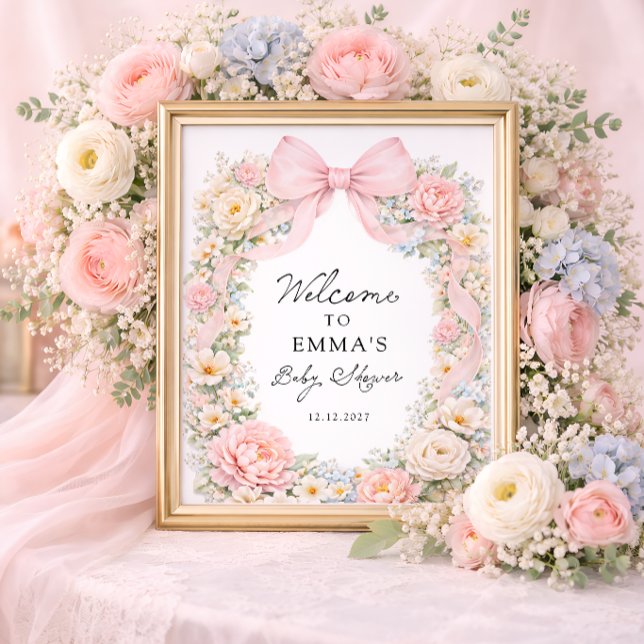 Poster Bem-vindo ao Chá de Bebê Coquette Floral com Laço  (Criador carregado)