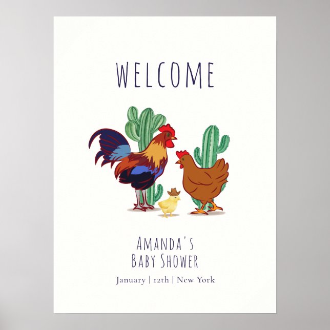 Poster Bem-vindo ao Chá de Bebê Cowboy Cactus Galo Frango (Frente)