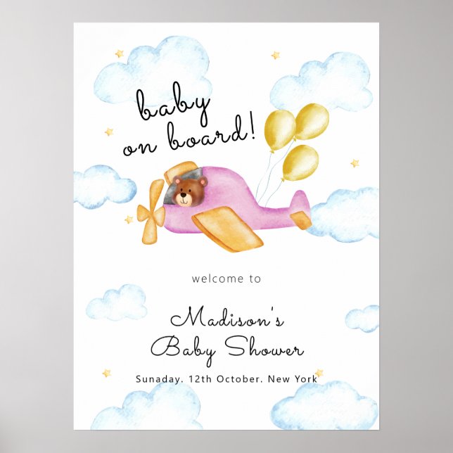 Poster Bem-vindo ao Chá de Bebê do Balão Avião Urso Pilot (Frente)