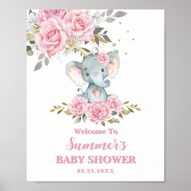 Poster Bem-vindo ao Chá de Bebê do Elefante Bebê Rosa Flo (Frente)