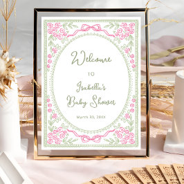 Poster Bem-vindo ao Chá de Bebê Flor Silvestre Rosa Verde