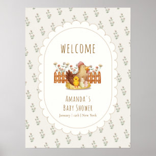 Poster Bem-vindo ao Chá de Bebê Floral Frango Vintage Fof