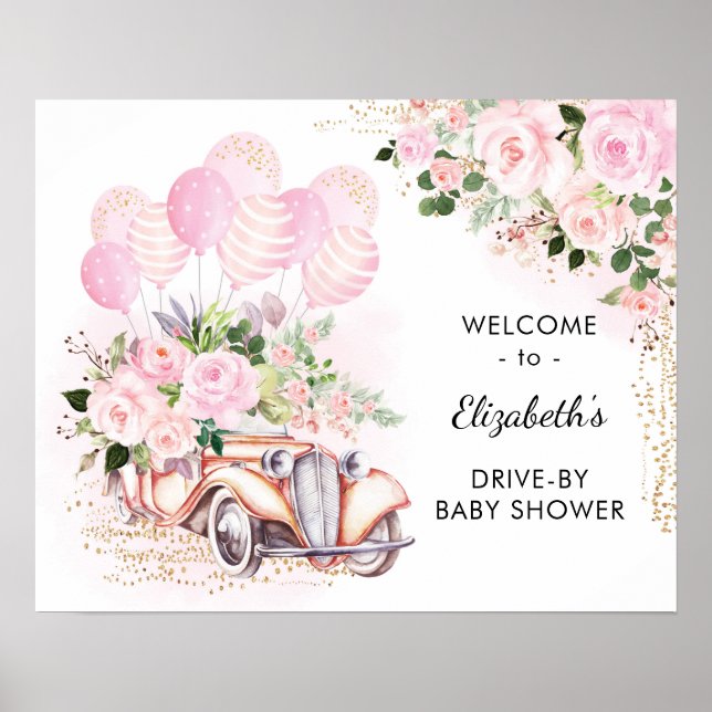 Poster Bem-vindo ao Chá de Bebê Floral Rosa ao Passar de  (Frente)