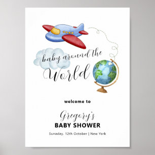 Poster Bem-vindo ao Chá de Bebê Mapa Avião Ao Redor do Mu