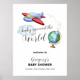Poster Bem-vindo ao Chá de Bebê Mapa Avião Ao Redor do Mu