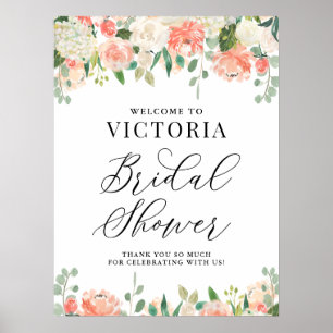 Poster Bem-vindo ao Chá de Bebê Peachy Peony e Hydrangea